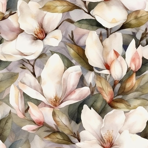 aquarel bloemmotief met magnolia bloemen