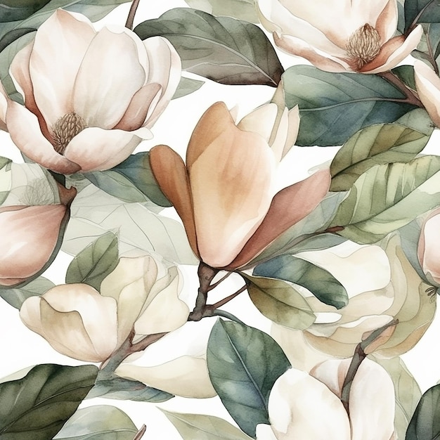 aquarel bloemmotief met magnolia bloemen