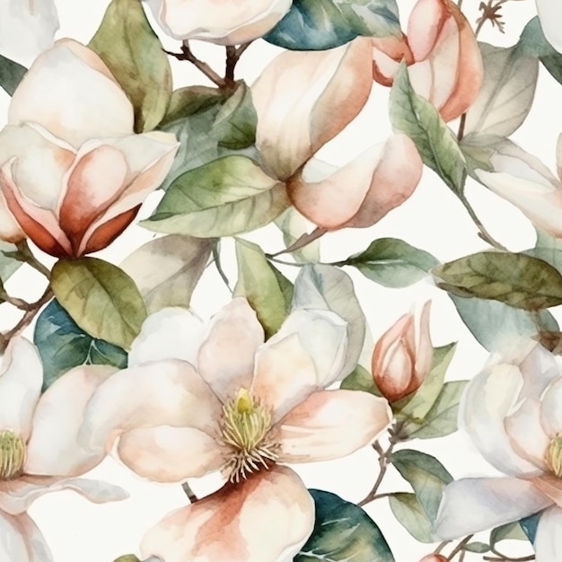 aquarel bloemmotief met magnolia bloemen