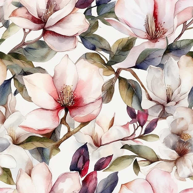 aquarel bloemmotief met magnolia bloemen