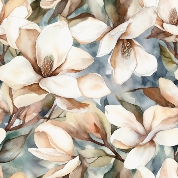 aquarel bloemmotief met magnolia bloemen