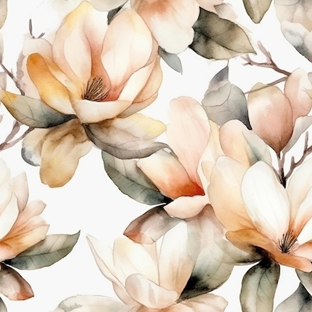 aquarel bloemmotief met magnolia bloemen