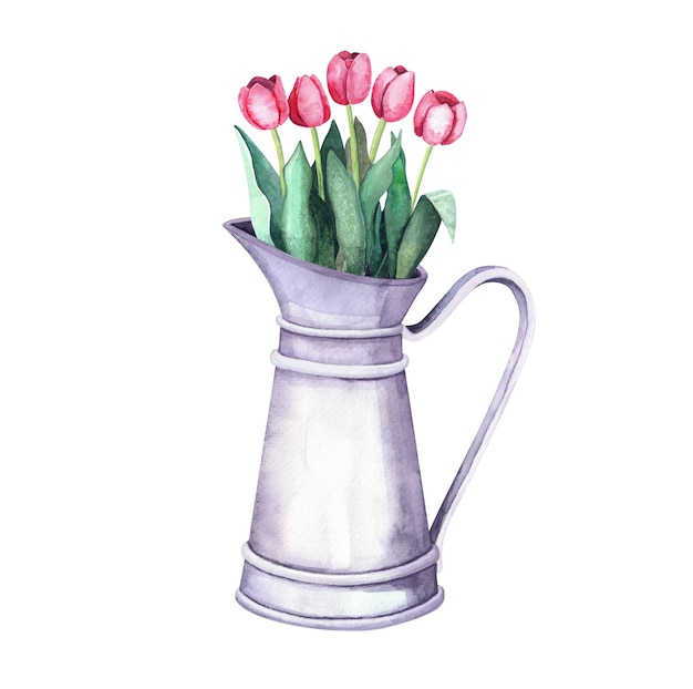 Aquarel bloemstuk in een vintage metalen kan. boeket met tulpen op witte achtergrond. binnenhuisinrichting boerderij en tuin