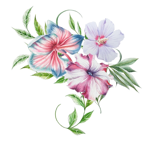 Aquarel boeket met bloemen. Orchidee. Hibiscus. Petunia. Illustratie. Hand getekend.