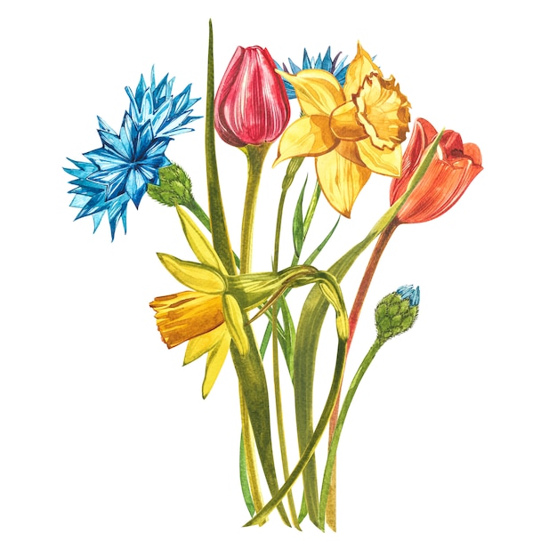 Aquarel boeket met narcissen, tulpen en dahlia's