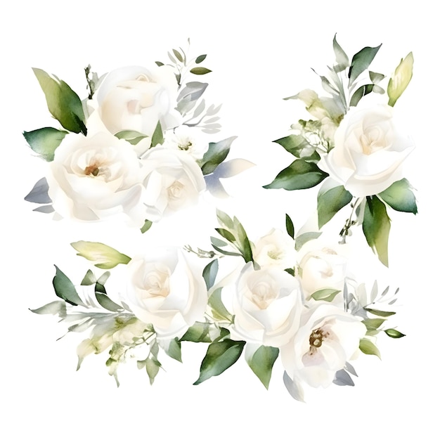 Aquarel boeket van witte rozen en groene bladeren geïsoleerd op witte achtergrond