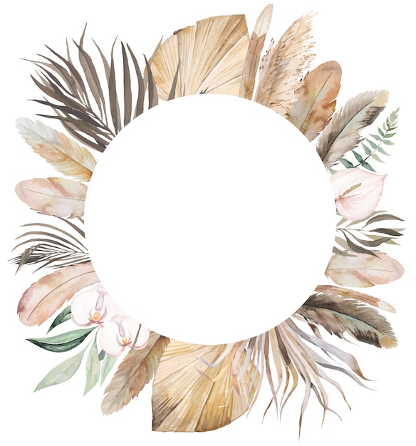 Aquarel Boheemse cirkelframe met veren tropische bloemen gedroogde palmbladeren en pampagras illustratie kopie ruimte Element voor bruiloft ontwerp