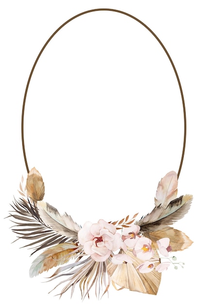 Foto aquarel boheemse ovale frame met veren tropische bloemen gedroogde palmbladeren en pampagras illustratie kopie ruimte element voor bruiloft ontwerp