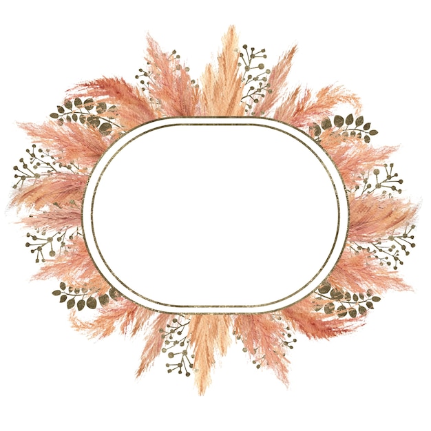 Aquarel boho boeket met gedroogd pampagras en zilveren geometrische frame op geïsoleerde op witte achtergrond. Bloemillustratie voor bruiloft of vakantieontwerp van uitnodigingen, ansichtkaarten, afdrukken