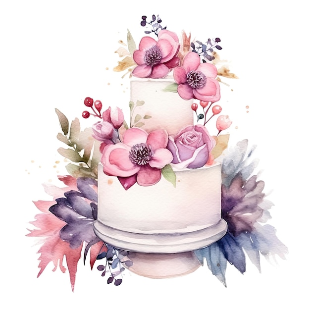 Aquarel bruidstaart met bloemen Illustratie AI GenerativexA