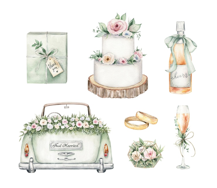 Foto aquarel bruiloft clipart handgetekende illustraties romantische afbeeldingen voor uitnodiging bewaar deze datum