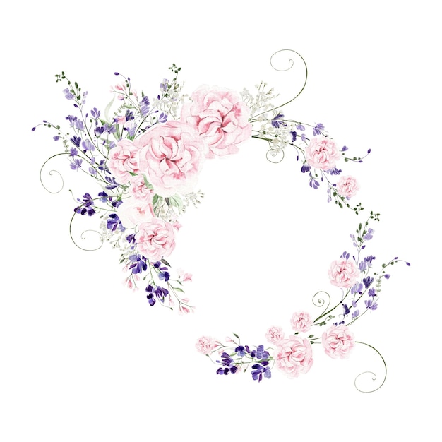 Aquarel bruiloft krans met blauweregen rozen en wilde bloemen groene bladeren