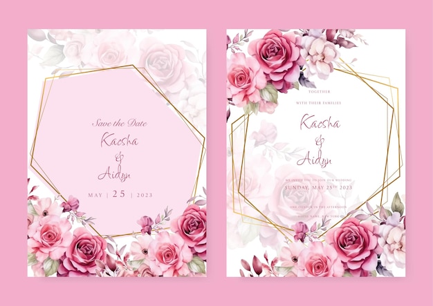 Aquarel bruiloft uitnodigingskaart sjabloon met roze en paarse bloemen en bladeren decoratie
