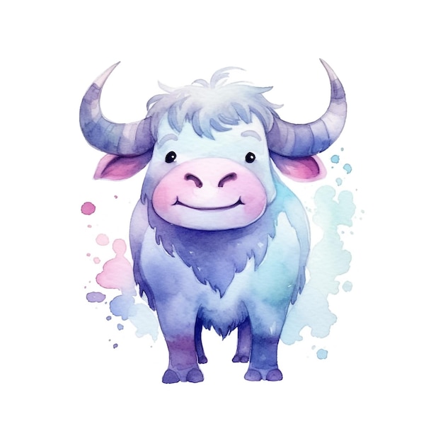 Aquarel buffel dier in blauwe en paarse kleuren.