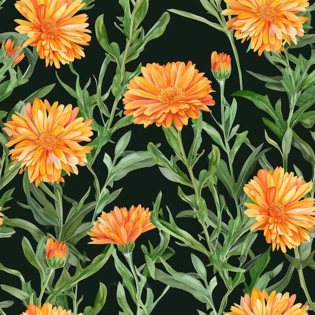 Aquarel calendula bloem met bladeren naadloos patroon