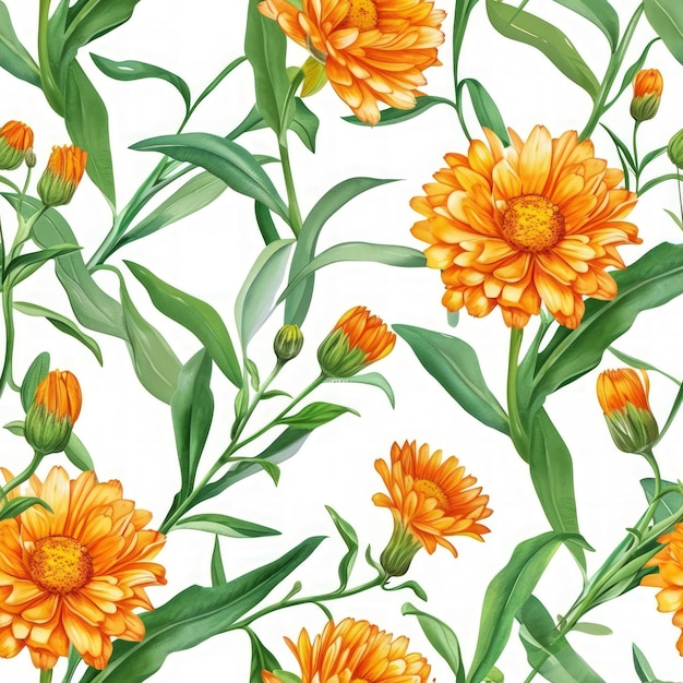 Aquarel calendula bloem met bladeren naadloos patroon