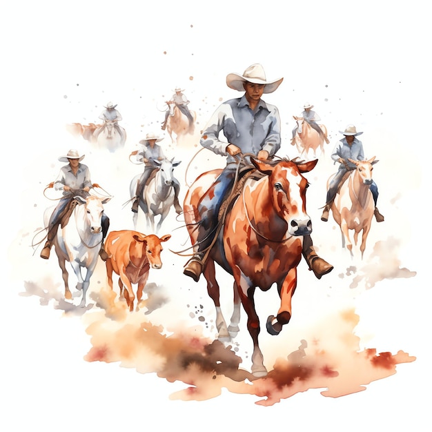 aquarel Cattle roundup western wild west cowboy woestijn illustratie clipart