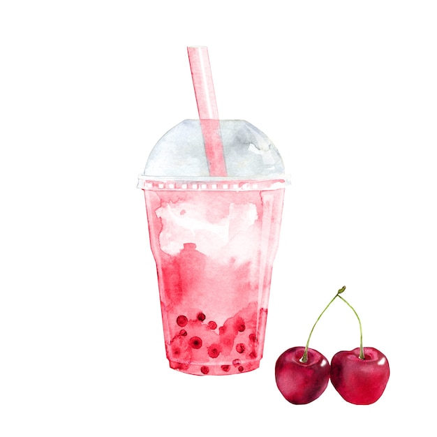 Aquarel cherry bubble tea met tapiocaparels