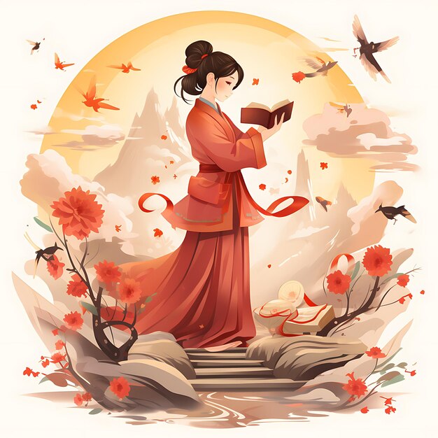 Aquarel China Theme Traditioneel poëzie recital met gedichten gekleed ik creatief kunstwerk