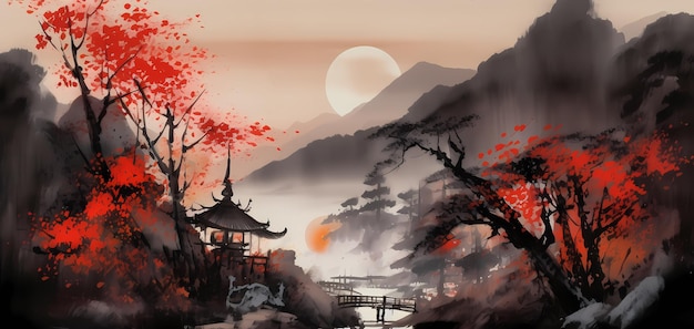 aquarel Chinese stijl achtergrond Landschapsillustratie Generatieve AI
