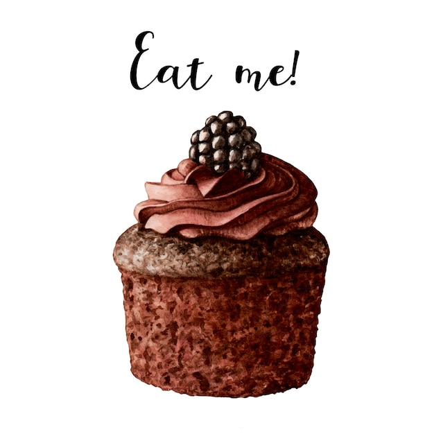 Aquarel chocolade cupcake met bosbessen en room