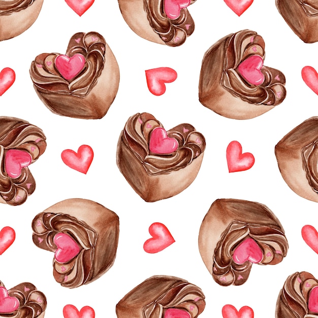 Aquarel chocolade hart cake naadloos patroon op wit