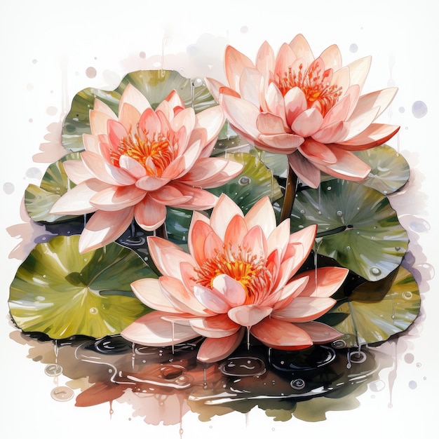 Aquarel clipart op witte achtergrond lelieblad met roze water lotusbloem