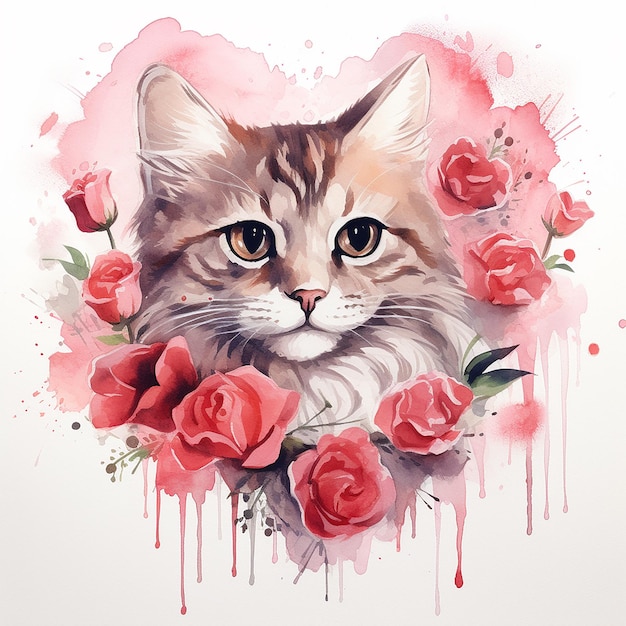 Aquarel Clipart van Valentine Cat