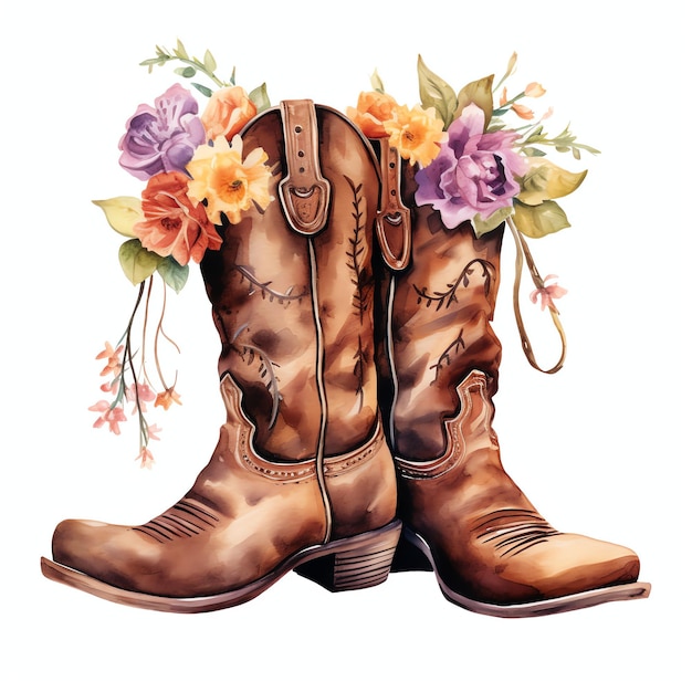 aquarel cowgirl laarzen paar met bloemen westerse wilde westen cowboy woestijn illustratie