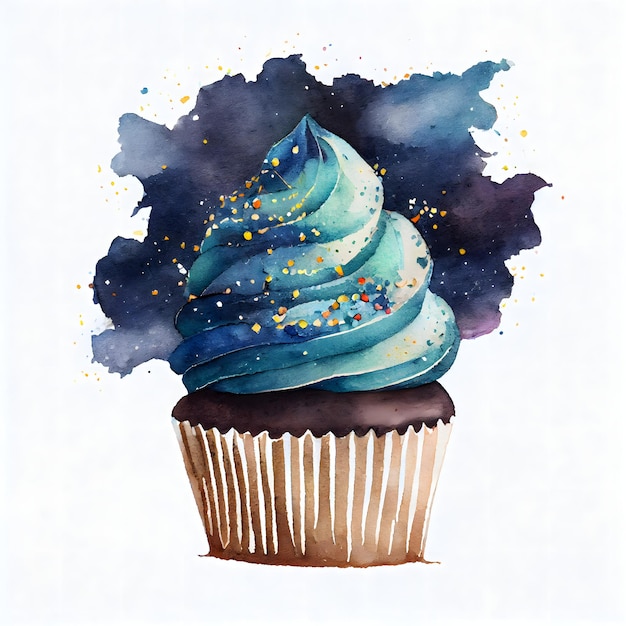 Aquarel cupcake met sterrenhemel cake Ice Cream starry Night fantasy Ai generatief