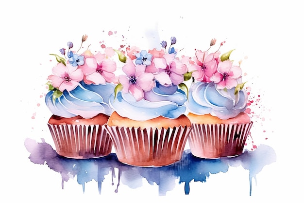 Aquarel cupcakes met bloemdecoraties op witte achtergrond AI gegenereerd