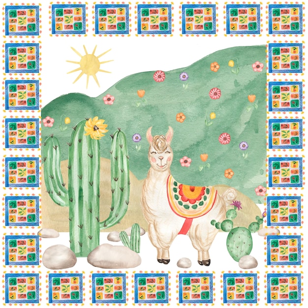 Aquarel Cute Summer Poster Alpaca en cactus clipart bergen samenstelling Dierlijke illustratie leuke kerstkaart