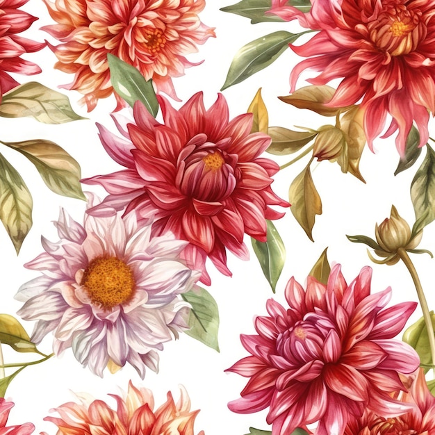 Aquarel dahlia bloemen met bladeren naadloos patroon