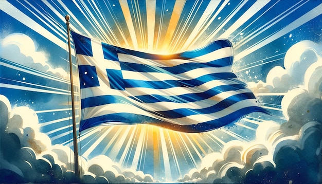 Aquarel die de Griekse vlag zwaait met een zonneschot-effect op de achtergrond voor de onafhankelijkheidsdag