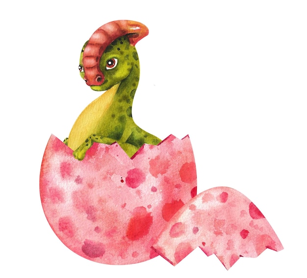 Aquarel dinosaurus Een groene kleine parasaurolophus kwam uit een ei