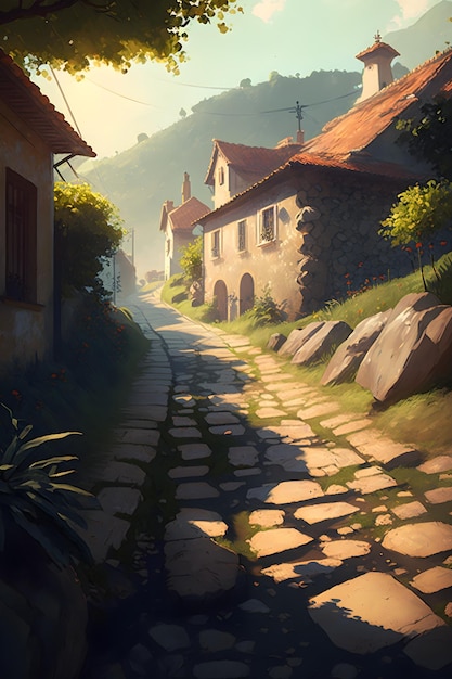 aquarel dorpsweg met prachtige huizen, schilderkunst