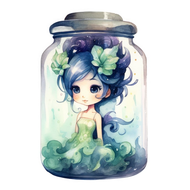 Aquarel Fantasy Pastel Goth Tiny Fairy in een pot