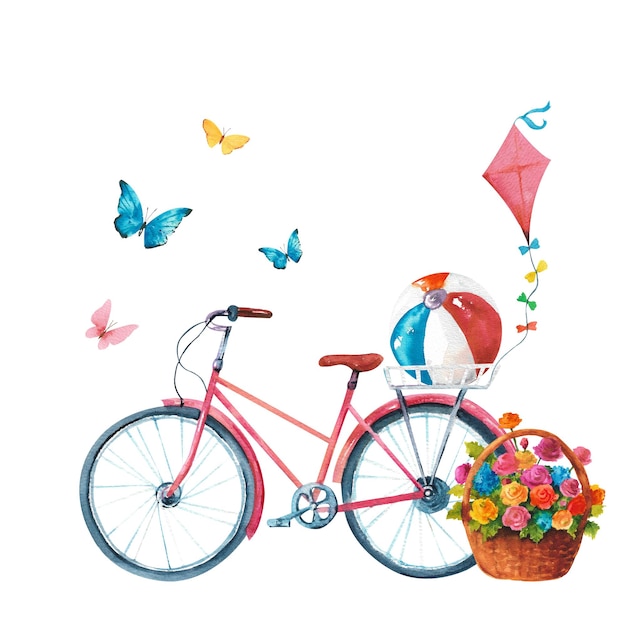 Aquarel fiets Roze oude fiets met bloem rieten mand vlinders vlieger en strandbal