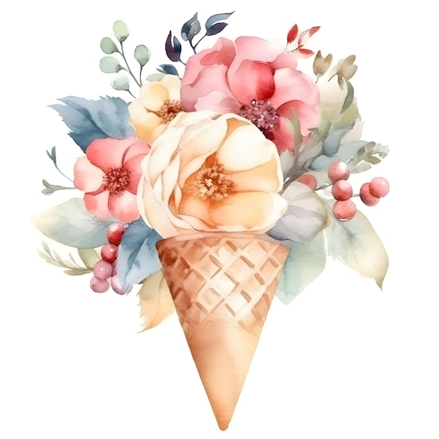 Aquarel Floral Ice Cream Cone Clipart