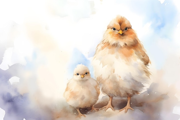 Aquarel fluffy hen en kuiken achtergrond met lege ruimte voor dier huisdieren pluimveeboerderij ontwerp