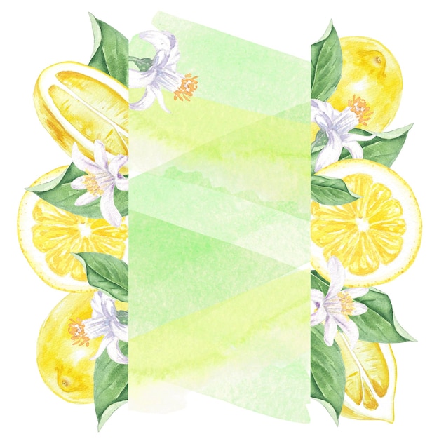 Aquarel frame citroenen, bladeren, bloemen, vul handgeschilderde botanische stijl, vakantie, logo, bruiloft
