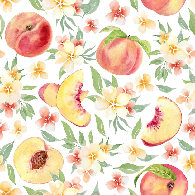 Aquarel fruit naadloos patroon met bloemen en perziken