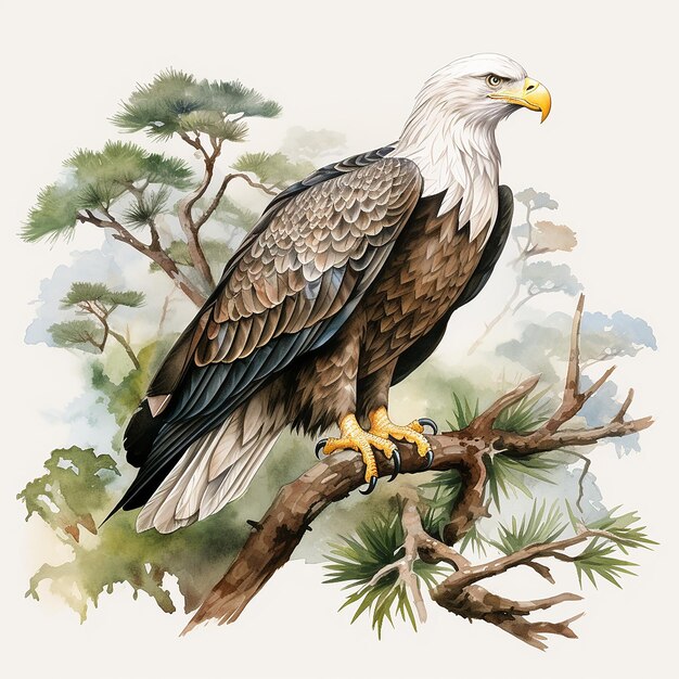 aquarel_full_body_bald_eagle_on_tree_clipart