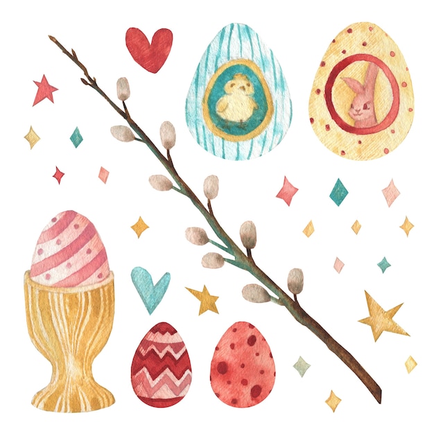 aquarel geïsoleerde versierde eieren met sterren en konijntje