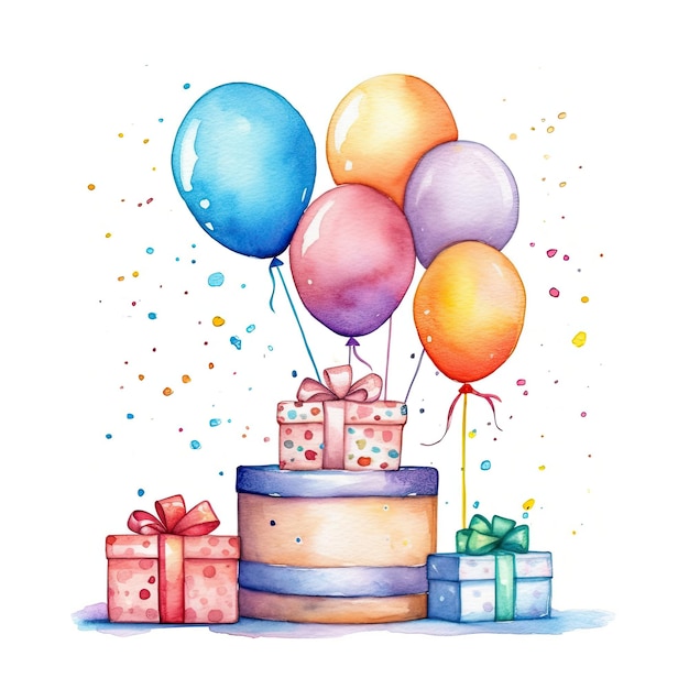 Aquarel gelukkige verjaardag geschenkdozen met ballonnen illustratie AI GenerativexA