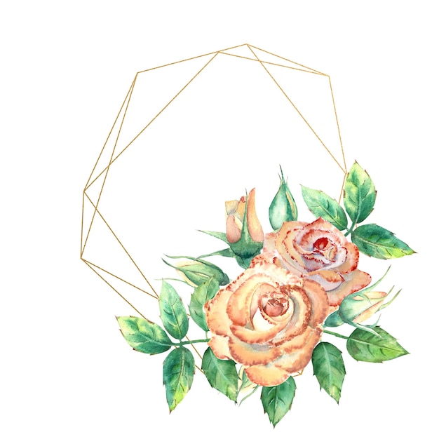 Aquarel geometrische frame versierd met bloemen perzik rozen