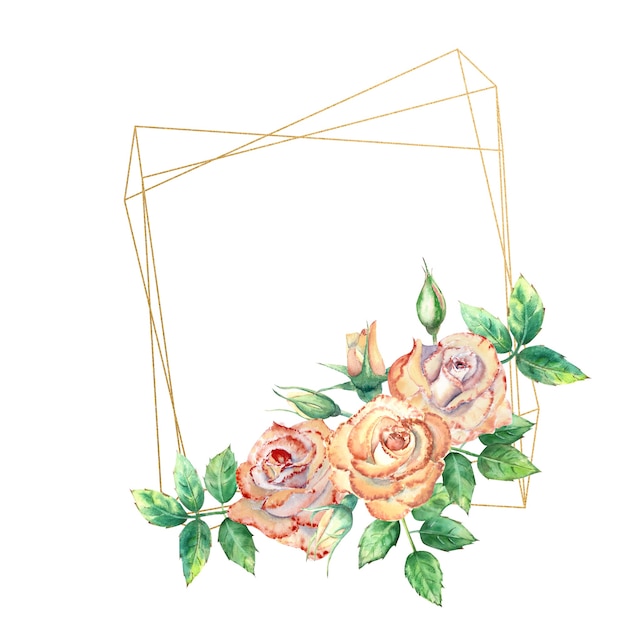 Aquarel geometrische frame versierd met bloemen perzik rozen