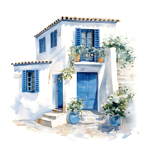 Aquarel gestapeld huis Griekenland ter illustratie van witte gevels op witte achtergrond Esthetiek huis