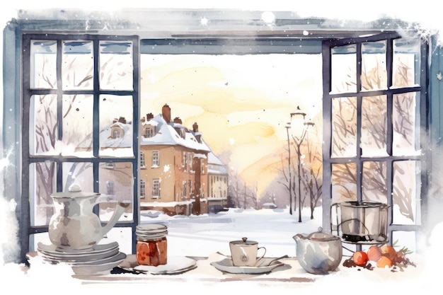 Aquarel gezellige winter keukenvenster