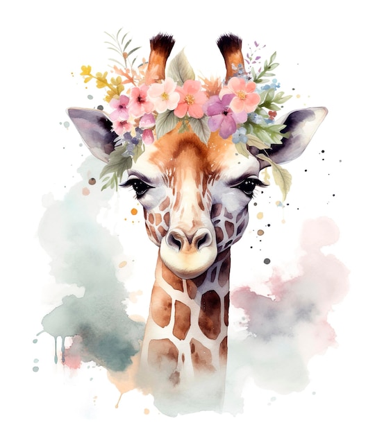 Aquarel giraffe met bloemen Handgeschilderde illustratie geïsoleerd op een witte achtergrond